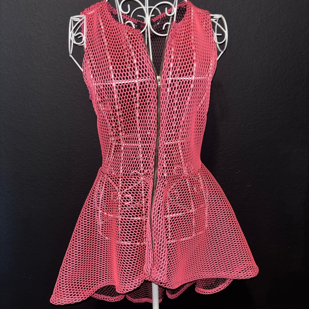 Blush Pink Sleeveless Mesh Peplum Zip-Front Top